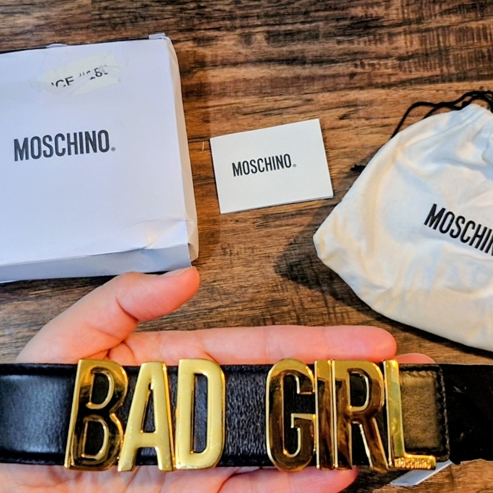 Moschino Black Leather Belt with Gold 'BAD GIRL' Logo